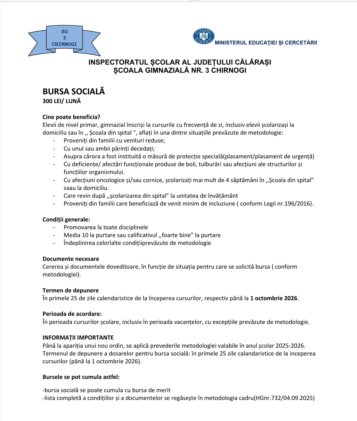Informatii burse an scolar 2026 - 2027