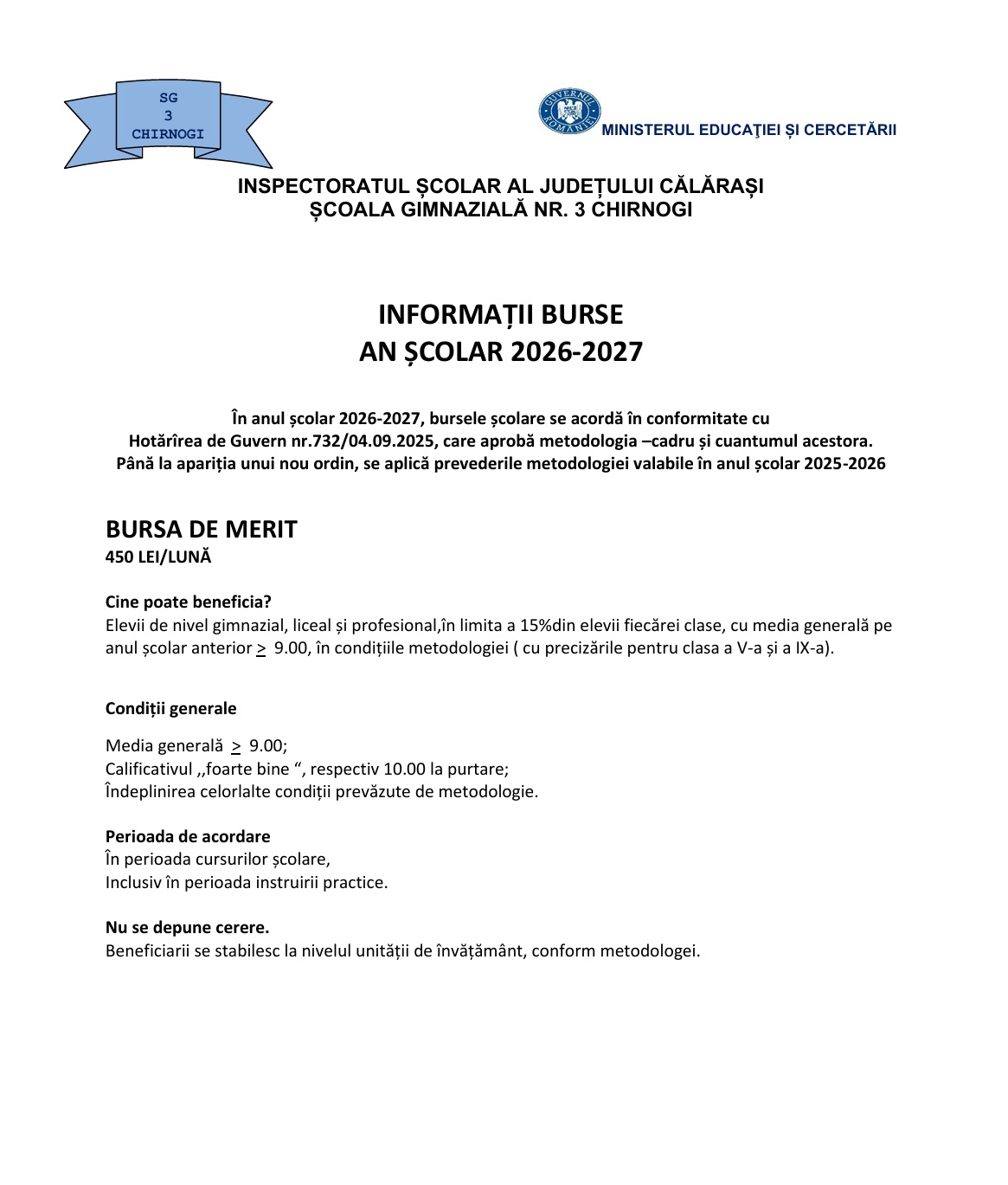 Informatii burse an scolar 2026 - 2027